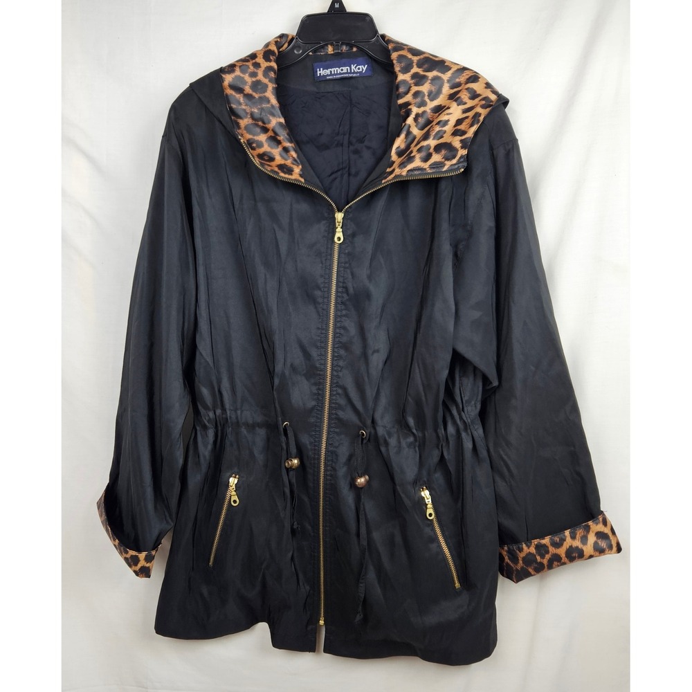 VTG Herman Kay Black Leopard Print Hooded Anorak Jacket Women Large Gold Zip